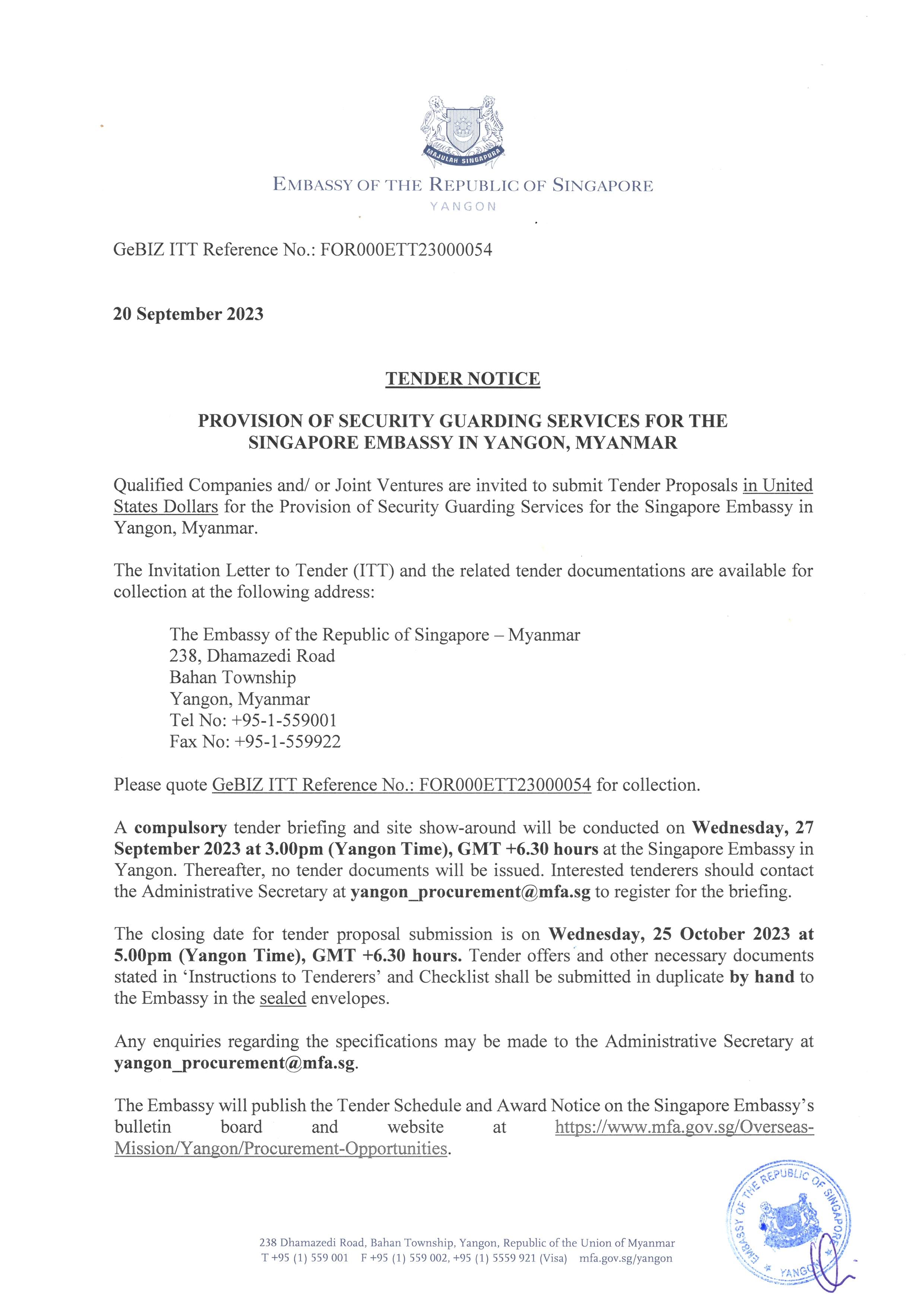 Singapore Embassy's tender notice for security services in Yangon, Myanmar, dated Sept 2023.